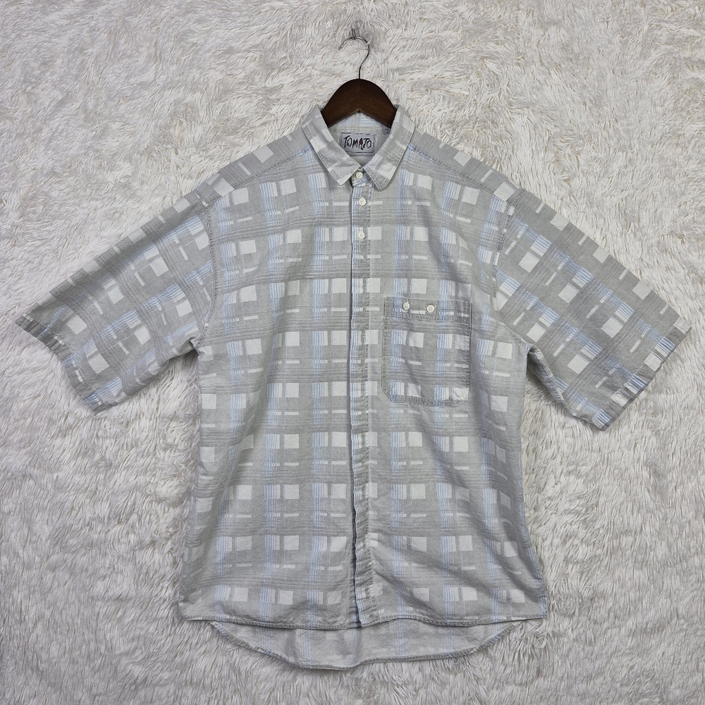Vtg Tomato Mens XL Gray Plaid Grid Check‎ Hidden Button Up Shirt 90s Y2K Skater